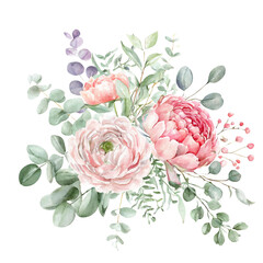 Watercolor floral illustration. Pink flowers and eucalyptus greenery bouquet. watercolor with multicolor style