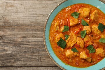 Delicious chicken curry on wooden table, top view. Space for text