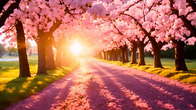 Sunset light illuminates the fully bloomed cherry blossom trees, painting the path with soft contrasts of light and shadow
