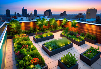 Fototapeta premium Rooftop Garden. Urban. Greenery. Skyline. Nature. Landscape. Cityscape. Terrace. Outdoor. Urban Farming. Plants. Relaxation. Scenic. Sustainability. Botanical. AI Generated.