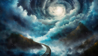 Dreamlike view of stairs to nowhere and space,enigma,space nebula, godrays, thunderstorm, hurricane - obrazy, fototapety, plakaty