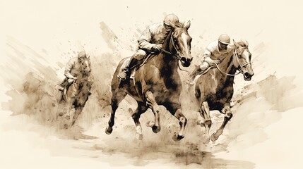 black ink drawing of horse race or derby. - obrazy, fototapety, plakaty