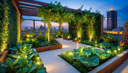 Rooftop Garden. Urban. Greenery. Skyline. Nature. Landscape. Cityscape. Terrace. Outdoor. Urban Farming. Plants. Relaxation. Scenic. Sustainability. Botanical. AI Generated.