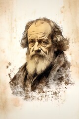 Portrait of an old man from the Renaissance with ink and watercolor.