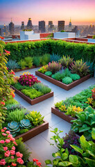Obraz premium Rooftop Garden. Urban. Greenery. Skyline. Nature. Landscape. Cityscape. Terrace. Outdoor. Urban Farming. Plants. Relaxation. Scenic. Sustainability. Botanical. AI Generated.