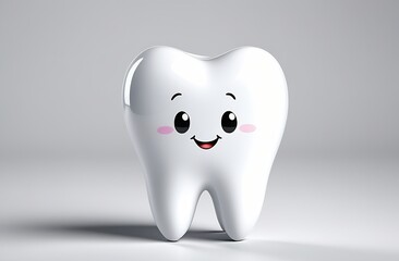 Cute toy tooth. Smiling, cheerful tooth on light background. Dental health, oral hygiene, fresh breath. Pediatric painless dentistry