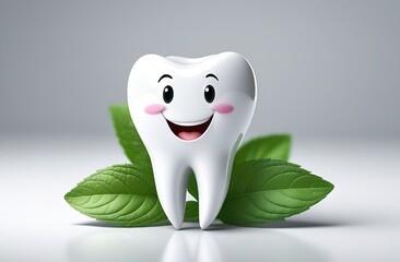 Happy healthy tooth on a white background. Cartoon smiling 3D tooth with fresh mint leaves. The concept of brushing and whitening teeth and oral hygiene. Pediatric Dentistry
