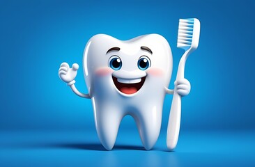 Smiling 3D cartoon tooth with toothbrush in his hands. White healthy tooth on blue background