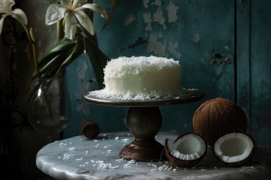 coconut cake on a cake stand on a table on dark background