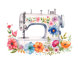 Watercolor illustration of sewing machine with flowers on white