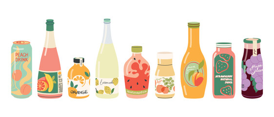 Cold drinks in glass bottles and can set. Fruit juices, soda water, sweet sparkling water, lemonades, and other cold summer beverages. Flat vector hand-drawn illustration on a white background. - obrazy, fototapety, plakaty