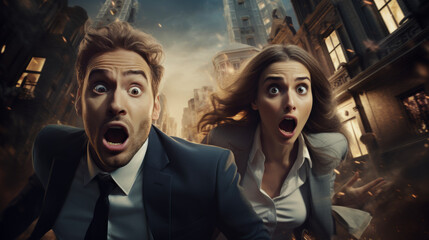 Obraz premium A businessman in a blue suit and a businesswoman gray suit on race to success, competing against each other, running.