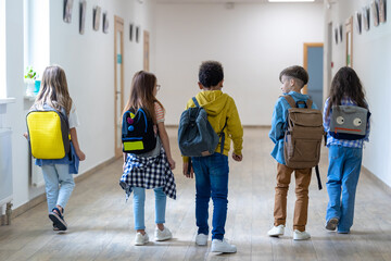 Back view of group of elementary school kids standing in school corridor.