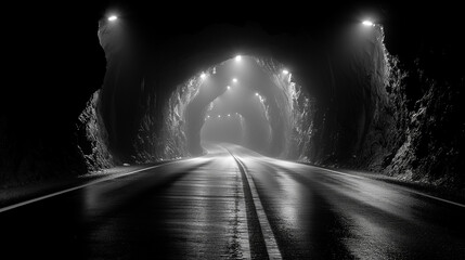 An empty road in a dark underground tunnel.