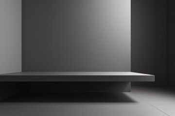 Product display minimalist design featuring a sleek, empty platform in a shadowed room with subtle lighting