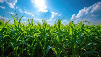 organic corn field at agriculture farm with blue sky background.