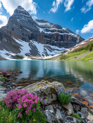 Alpine Lake with Snowy Mountain and Wildflowers