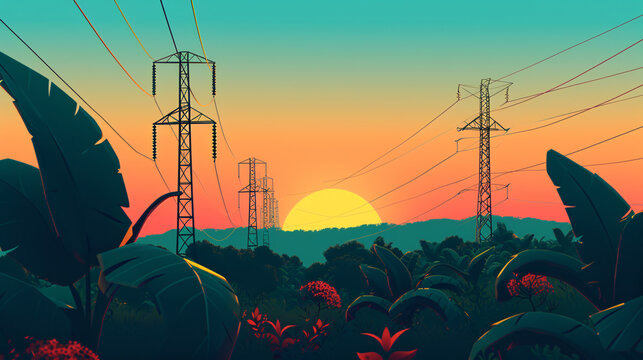 a sunset over a power line