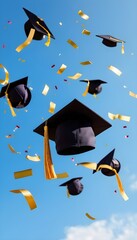 Graduation cap floating in the sky with confetti. Flying graduation caps on the air with golden confetti for graduates colleges party