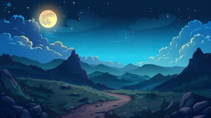 Fototapeta premium Night mountain landscape with path leading to rocky hills under starry sky with clouds and full moon. Cartoon vector illustration of dark blue dusk scenery with road and rocks under moonlight