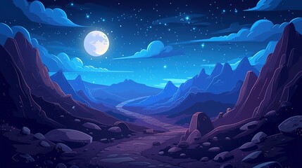Night mountain landscape with path leading to rocky hills under starry sky with clouds and full moon. Cartoon vector illustration of dark blue dusk scenery with road and rocks under moonlight - obrazy, fototapety, plakaty