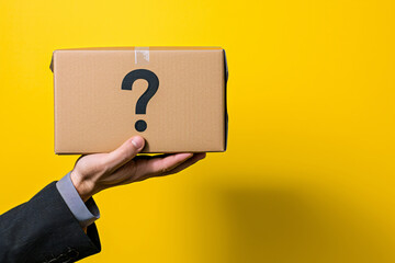 a hand holding a box with a question mark on it - obrazy, fototapety, plakaty