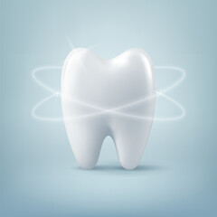Vector 3d Realistic Tooth Closeup on Blue Background. Medical Dentist Design Template, Clipart, Mockup. Dentistry, Healthcare, Hygiene, Dental Care and Health Concept