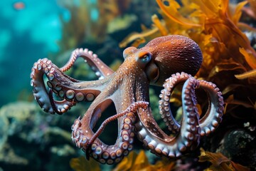 Pulpo entre las algas del fondo del oceano