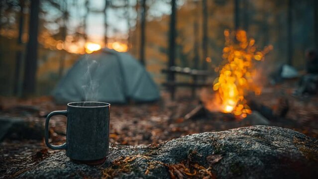 camping accompanied by coffee and natural views