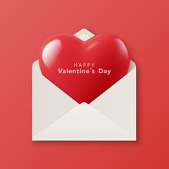 Vector 3d Realistic Heart Shape in an Envelope Closeup Isolated in Red Background. Romantic Red Glossy Heart Shape Set for Valentine's Day. Template for Designs and Decorations