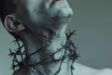 a person with a barbed wire around their neck