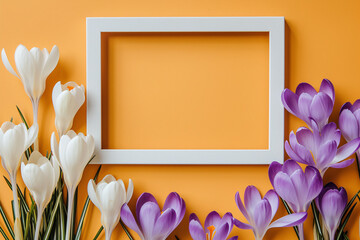a white frame with purple and white flowers