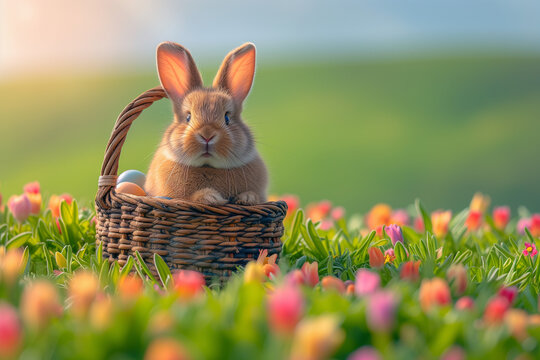 Easter egg basket, copy space of a rabbit inside a wicker basket in a field of spring flowers