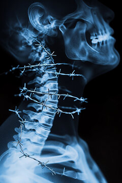 x-ray of a skull with barbed wire