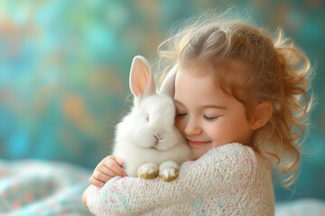 Girl with Easter bunny, copy space of adorable image of fluffy cuddle between little girl and her soft pet on blue background