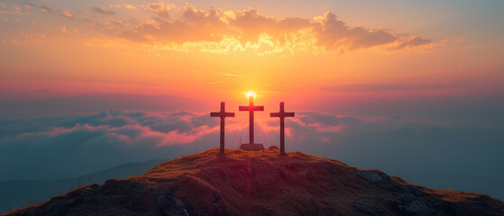 Christian Easter concept. Resurrection of Jesus Christ. Silhouette of three crosses on mountain...