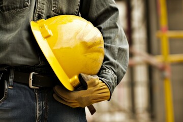 Obrero sosteniendo un Casco amarillo de Protección