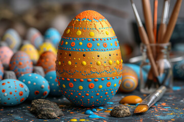 Creative activity for kids painting colorful easter eggs, detailed and creative egg for colorful kids crafts - obrazy, fototapety, plakaty
