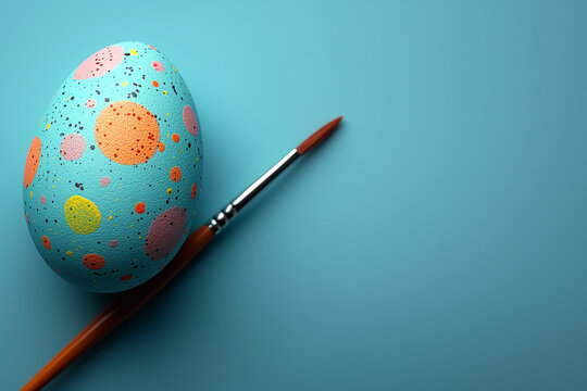 Copy space of colorful Easter eggs for painting, blue background with a brush painting an egg for children's creative and creative activities