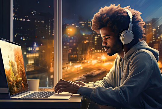 man wearing headphones while working on his laptop