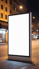 Empty white blank street billboard at night, blank white glowing signboard on roadside in city at night time, Promotional poster mock up