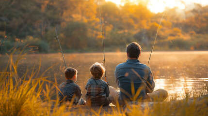 Father teaches patience to children by the lake, a serene family moment, capturing the essence of fatherhood and family happiness, perfect for Father's Day