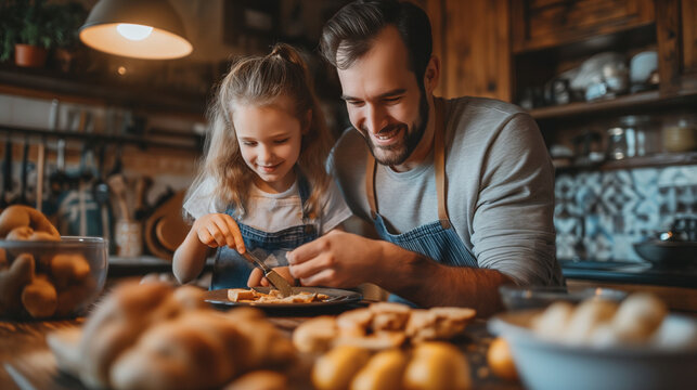 Father and daughter enjoy baking together, a sweet moment of family happiness, showcasing a father's love and the joy of shared activities, perfect for Father's Day concepts