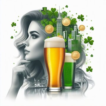 Double exposure of a woman's head with st patrick's day beer pub , shamrock on the head. Vector Illustration with isolated Background with space for copy created with generative ai