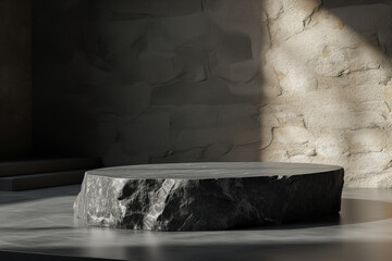 Black stone pedestal in stage for product display presentation. Minimalistic organic showcase