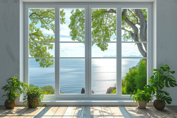 Window in empty room with plants in flower pots with view on sea.