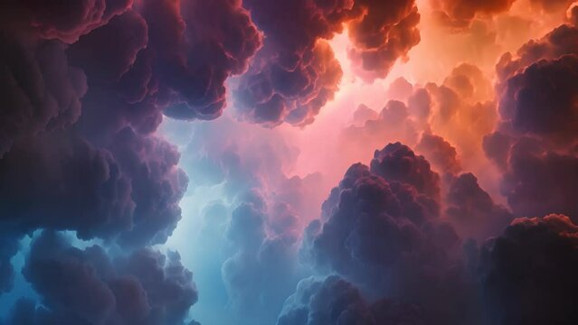 Intense contrast of clouds formed by light and color, with soft pink and blue light merging in the center
