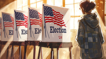 young voter looking apprehensively at the voting booths trying to grasp the severity of the moment; Election '24 Illustration - obrazy, fototapety, plakaty