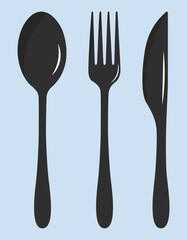 Set of a simple black cutlery - spoon, fork and knife