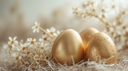 Obraz premium Golden Easter eggs on light backdrop, banner template, Easter greetings and gifts
